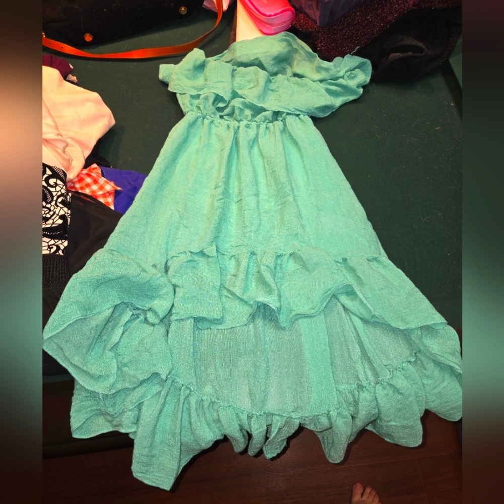 High-low teal strapless dress